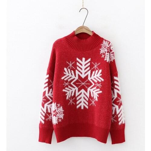 Urifens 2021 Autumn Winter Womens Pullover O-neck Christmas Snowflake Sweater Women New Half-high Collar Loose Thickening T389
