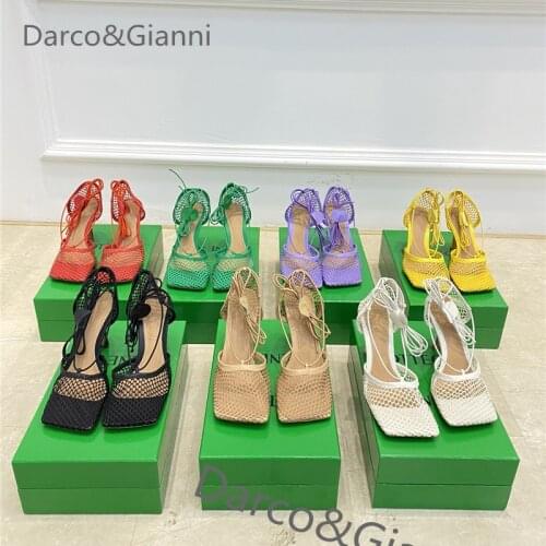 New Nude black Net Mesh brand Shoes High heel Sandals Women square toe Ankle Strap Summer Sandals Sexy lace up Party Shoes Woman