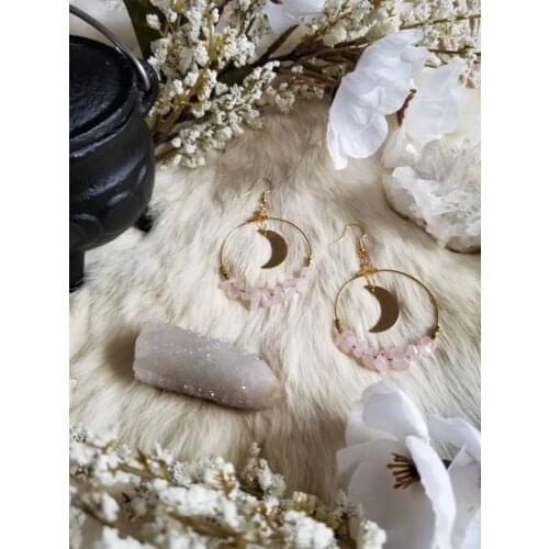 Rose Quartz Crescent Moon Hoop Earrings