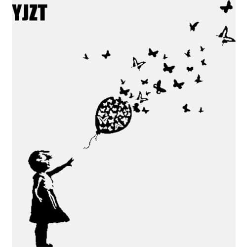 YJZT 13.7CM*16.4CM Banksy Girl Butterfly Balloon Car Window Vinyl Sticker Decal Black/Silver C24-0207