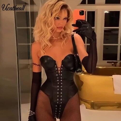 Women Pu Leather Bodysuits Sexy Party Club Off Shoulder Lace Up Skinny Sleeveless Autumn New Highstreet Rompers