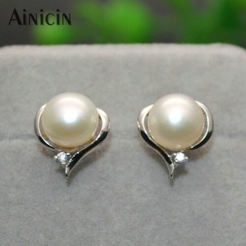 S925 Sterling Silver 9mm Natural Pearl Heart Stud Earrings Fashion Jewelry Women Girls Gift AAA Zircon Setting Jewellery 5pairs