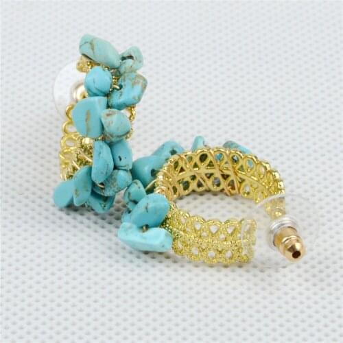 Blue Stone Beads Stud Earrings For Women Fashion Jewelry Ethnic Boho Gold Color Alloy Ear Stud Earrings Handmade Vintage Gifts