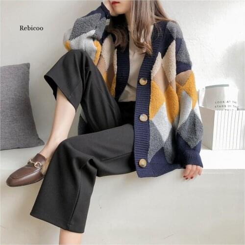 Women Sweaters Autumn Winter Fashionable Casual Plaid V-Neck Cardigans Single Breasted Loose Sweater