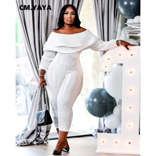 CM.YAYA Women Jumpsuits Solid Long Sleeves O-Neck Ruffles Long Slim Jumpsuits Casual Autumn 2021