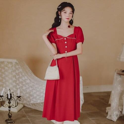 Women Red Temperament Dress 2021 Summer French Palace Style Pearl Single-breasted Square Neck Beaded Elegant Chic Retro Dress