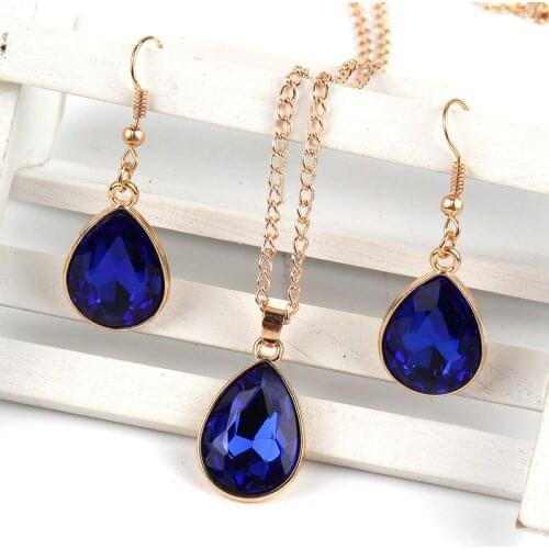 1 set Rose Gold Water drop Pendant Necklace & earrings Fashion Jewelry blue