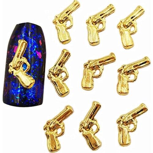 3D Nail Decoration Sticker Pistol Shape Nail Manicure Decorative Charm Alloy Nail Stickers Gold Silver Big Gun Punk Accessories