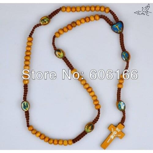 48pcs/lot Light Brown Wooden Rosary Beads Necklace Jesus Cross Pendant Necklaces Wood Catholic Religious Jewelry