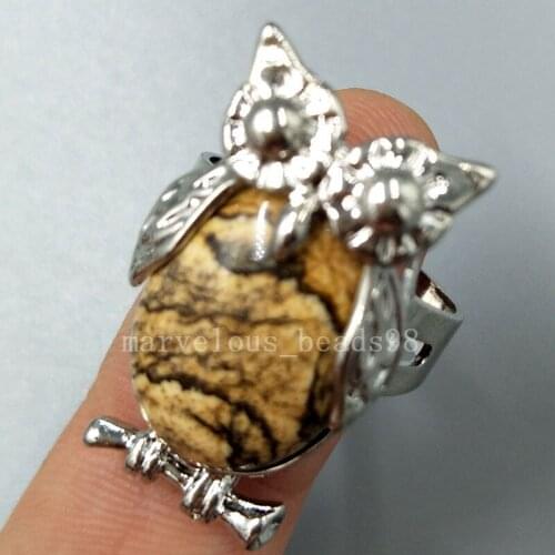 Free Shipping Beautiful jewelry Picture Jaspe Women Men Art Water Owl Ring 7~12" Adjust Size PC5262