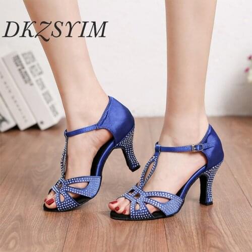 DKZSYIM Latin Dance Shoes Rhinestone Heels For Women Blue Ballroom Pratice Salsa Dancing Shoes Soft Elegant Dance Sandals Cuban