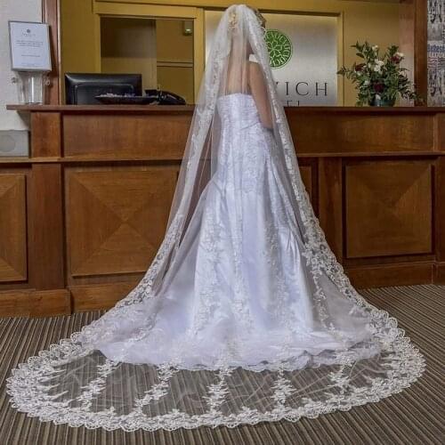 Veu De Noiva Ivory White Cathedral Long Wedding Veils 1T Appliques Lace Edge Bridal Accessories Vail Velos De Novia