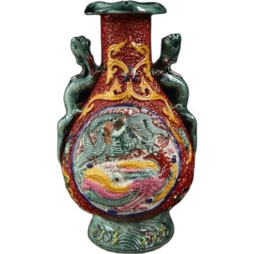 Chinese Old Porcelain Double Eared Bottle With Pink Relief Dragon And Phoenix Pattern