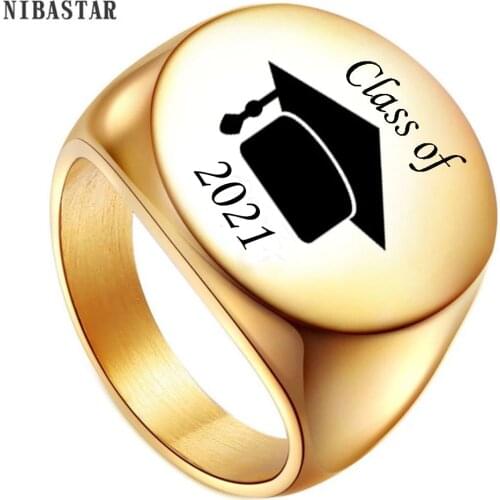 NIBASTAR Graduation Anniversary Men Rings Class Of 2021 Stainless Steel Stamp Ring Customize Gift Souvenir