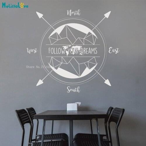 Compass Wall Decals Inspirational Follow Your Dreams Sticker Unique Gift Motivational Removable Travel Murals Vinyl YT4985