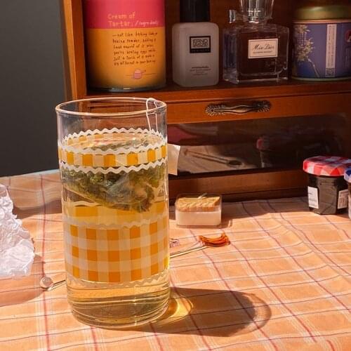 Ins Style Glass Lovely Check Printed Round Breakfast Milk Coffee Drink Water Cup