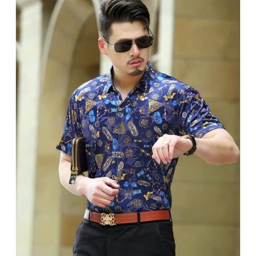 Summer Luxury Mens Short Sleeve Silk Dress Shirts Male Business Blue Casual Slim Floral Print Shirt Thin Cool Soft