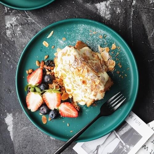 Nordic Matte Ceramic Western Dish Ink Green Round Plate Household Tableware Cake Plate Salad Plate