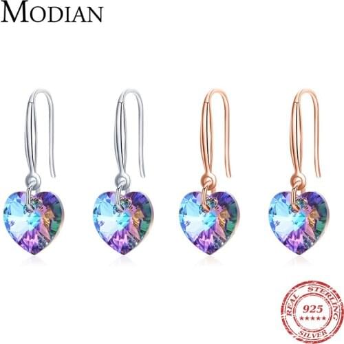 Modian Rainbow Colorful Hearts Crystal Drop Ear Real 925 Sterling Silver Romantic Charm Swing Dangle Earrings For Women Jewelry