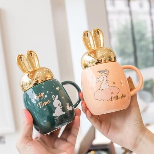 Cartoon Ceramic Mugs With Lovely Rabbit Ear Lids Korean Style Water Bottle Tea Coffee Milk Breakfast Fresh Cup Coffee Mugs