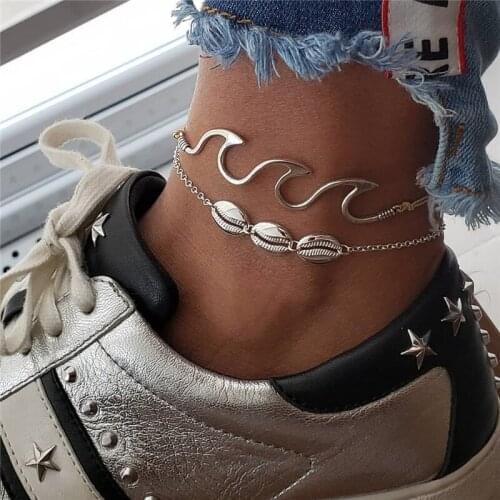 L&H 2019 New Arrival Ankle Bracelets For Men Double Layer Shell Foot Jewelry Hot Selling Beach Vacation Vintage Anklets For Gift