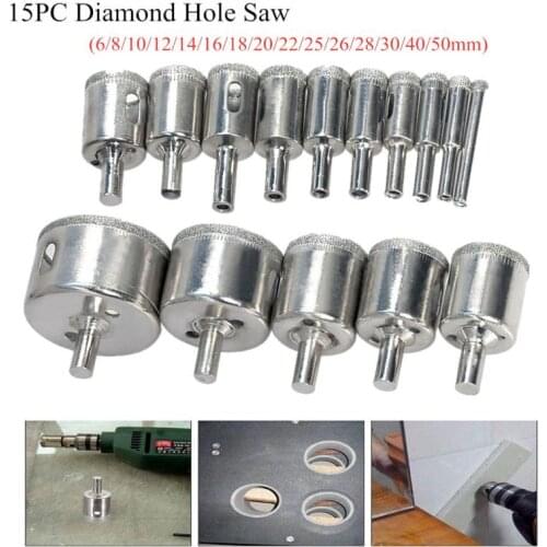 15pcs Diamond Coated Drill Bit Set Ceramic Glass Porcelain Marble Hole Saw Drilling Core Bit Hole Saw Tile For Power Tool 6-50mm