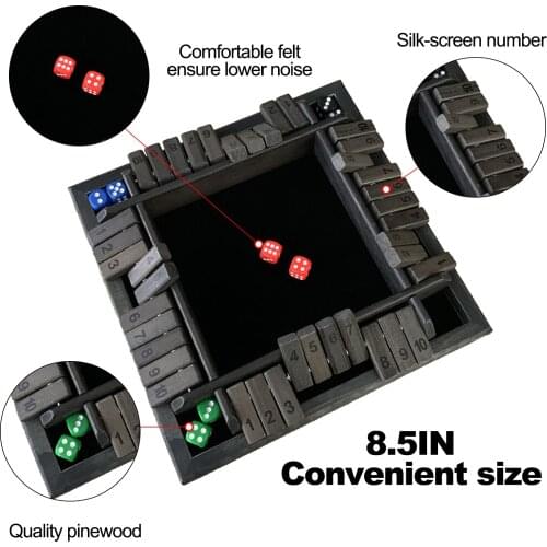 Shut The Box Dice Board Game 4 Sided 10 Number Wooden Flaps & Dices Game Set for 4 People Pub Bar Party Supplies 22 X 22 X 3.5cm