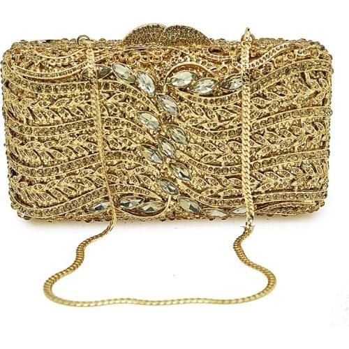 2019 New Gold Metal Crystal Clutch Purse White Rhinestone Evening Bags Clutches Handbags Ladies Mini Party Chain Purses