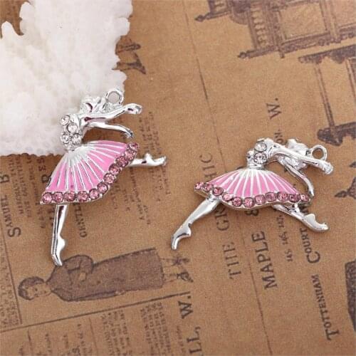 Zinc Based Alloy Charms Ballerina silver color Clear Rhinestone White Enamel 28mm(1 1/8") x 18mm( 6/8"), 10 PCs