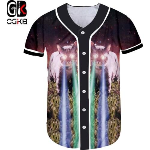 OGKB Harajuku Men 3D Cat Flash Light Baseball Tshirt Cool Print Galaxy Space T-shirts Male V Neck Sleeve Uniform Shirt Unisex
