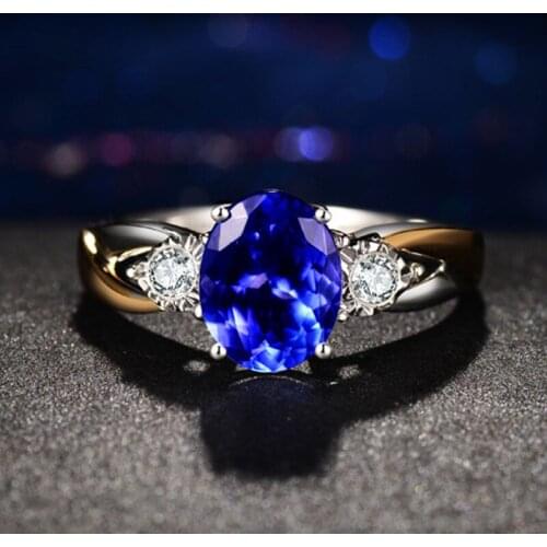 Exquisite Two Tone Gems Open Ring Oval Cut Blue Zircon Bridal Ring Wedding Jewelry Engagement Ring Party Ring Women Fine Jewelry