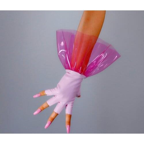 Gloves Female 28cm Short Style Faux Leather Red Splicing PVC Plastic Half Finger Women Semi-Finger Leather Gloves WPU333
