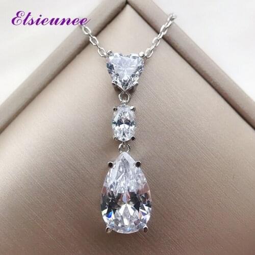 ELSIEUNEE 100% 925 Sterling Silver Water Drop Simulated Moissanite Diamond Pendant Necklaces Wedding Fine Jewelry Wholesale Gift