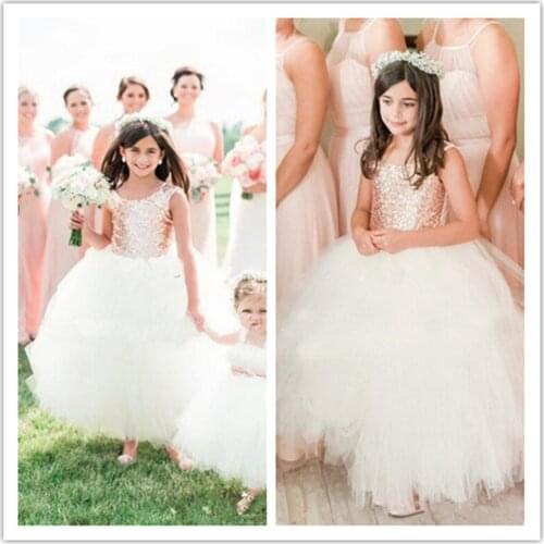 Blush Rose Gold Sequins Wedding Party Flower Girls' Dresses Cap Sleeve Puffy Ball Gown Communion Little Girl Formal Dresses