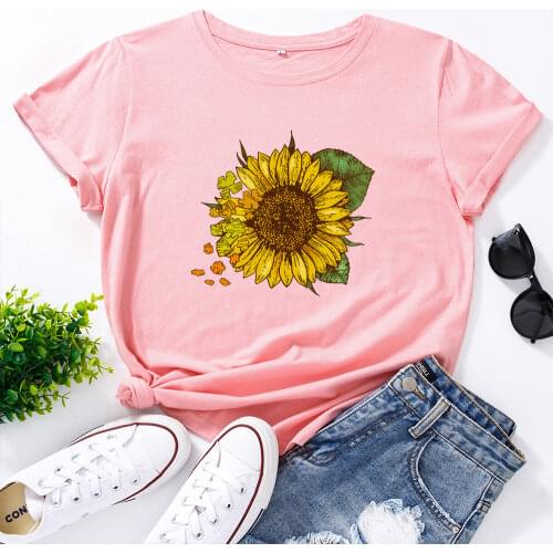 Sunflowers Flower Shirt Women Short Sleeve Cotton T-Shirts Graphic Tees Summer Tee Tops for Female Clothes Sunflower Top Shirts