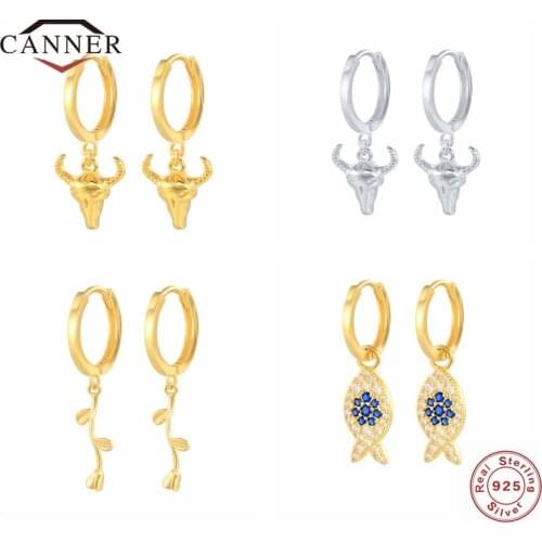 CANNER Pendientes 925 Sterling Silver Bull head Flower Fish Pendant Drop Earrings for Women Huggie Piercing Earring Jewelry