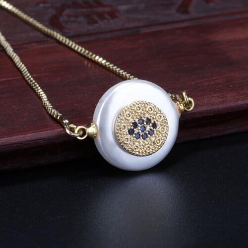 Gold multiple tiny cz paved round coin disc evil eye protection charm pearl beads connector dainty link bracelets for woman