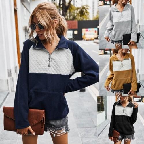 Womens 2021 autumn and winter new product lapel fashion color-blocking sweater blouse