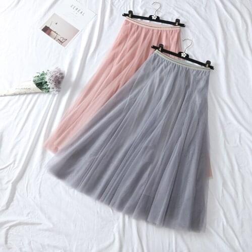 Spring Autumn Korean Slim Pleated Chiffon Women Double Layer Mesh High Waist Skirts Femme Midi Black Womens Skirts