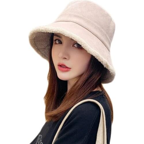 Women Winter Reversible Double Sided Bucket Hat Solid Color Thick Faux Fleece Wide Brim Sunscreen Packable Fisherman Cap