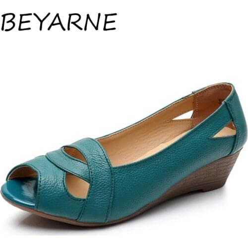 BEYARNE Genuine Leather Elegant Sandals Women Summer Shoes Slip On Sexy Peep Hollow Toe Ladies Wedge Sandals 4cm Cover Heel 43