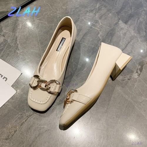 Womens Casual One-step High Heels Zlah Square Toe PU Casual Solid Color Metal Decoration Basic Womens High Heels Shoes
