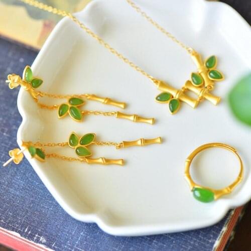 KOFSAC 2021 Gold Color Women Necklace Earrings Ring Set Elegant Charming Bamboo Plant Jewelry Lady Sweet Anniversary Accessories