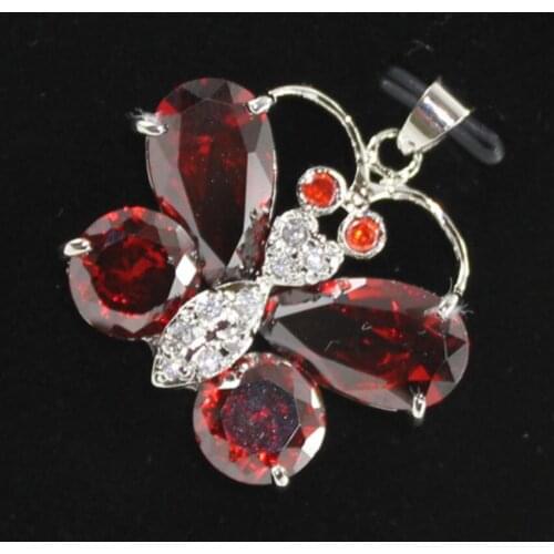 Womens fashion silver plated micro inlaid white diamond Accessories + crimson zircon Butterfly Pendant Necklace