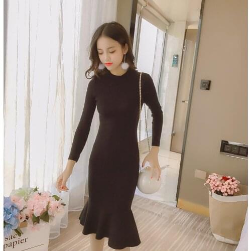 Winter Dress Fashion Ruffle Knitting Sexy Dress Solid Color Round Neck Elastic Bag Hip Slim Long Dress