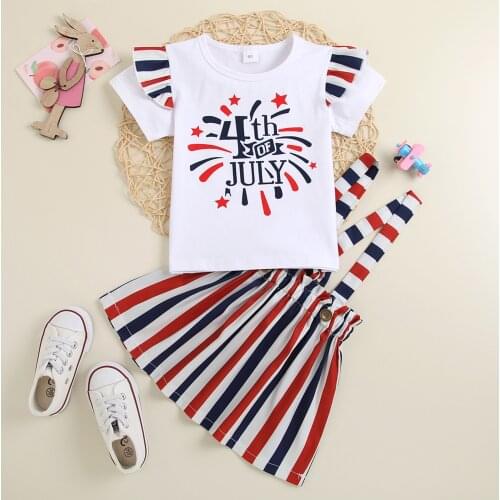 2021 Baby Girl 4th-of-july Sets Summer Toddler Kid Casual Clothes Letter Short Sleeve Tops+suspender Stripe Skirts Outfit Set #L