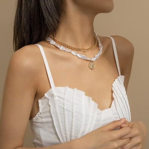 2021 Fashion Barqoue Pearls Necklace For Women Cute Coin Pendant Necklace Set Long Choker Boho Jewelry Collier