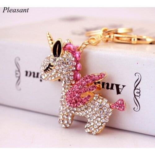 2021 Cute Cartoon Crystal Diamond Unicorn Car Keychain Female Bag Accessories Metal Pendant Small Gift