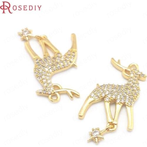 40699)4PCS 22.5x14.5MM 24K Gold Color Brass and Zircon Deer Charms Pendants Jewelry Making Supplies Diy Findings Accessories