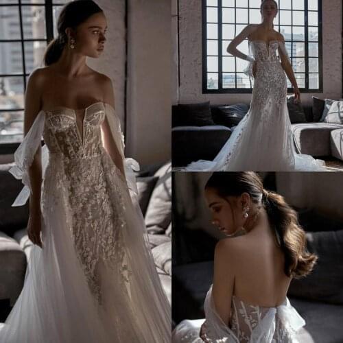 Elegant Mermaid Wedding Dresses With Detachable Train Off Shoulder Lace Appliques Bridal Gown Backless Sweep Train Wedding Dress